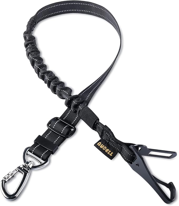 AUBELL Dog Seat Belt for Car,Updated 3-in-1 Adjustable Reflective Bungee Heavy Duty Dog Car Harness Tether with Clip Hook Latch & Buckle,Swivel Zinc Alloy Carabiner,Black