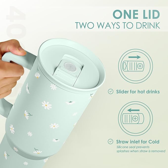 SANDJEST Daisy 40oz Tumbler with Handle and Straw – Flower Insulated Stainless Steel Travel Coffee Mug for Women Girls - Gift Idea for Birthday Christmas Mothers Day