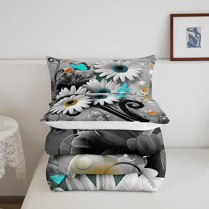 Rustic Daisy Quilt Set King,Farmhouse Floral Blue Butterfly Bedding Comforter Set for Kids Girls Teens Women King,Hippie Black Gray Marble Comforter,Pastoral Countryside Flower Quilted Duvet 3 Pcs