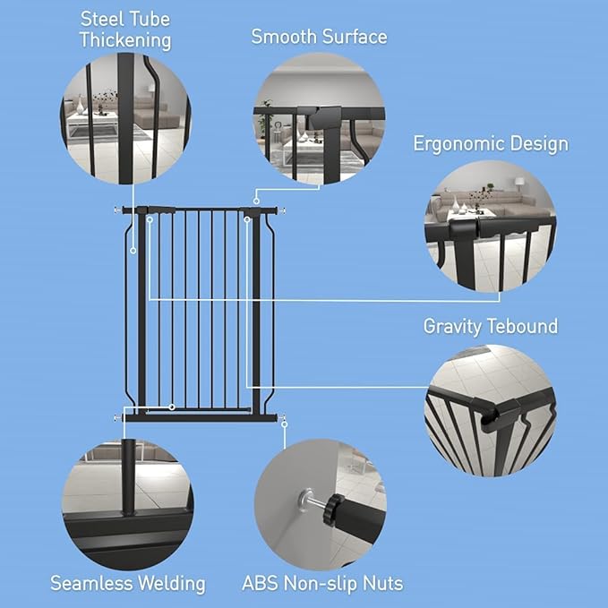 WAOWAO Extra Tall 40.55" Baby Gate 29.92-63.38" Wide Pressure Mounted Walk Through Swing Auto Close Safety Black Metal Toddler Child Dog Pet for Indoor Stairs,Doorways,Kitche