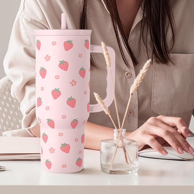 SANDJEST Strawberry Tumbler with Handle 40oz – Insulated Stainless Steel Travel Coffee Mug Cup for Girls Women, Gift for Christmas, Birthday