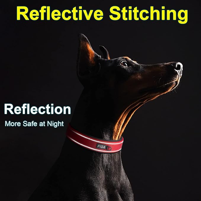 Fida Heavy Duty Dog Collar, Ultra Comfortable Soft Neoprene Padded, Adjustable Reflective Nylon Pet Collar with Durable Metal Belt Buckle for Small Breeds (S, Red)