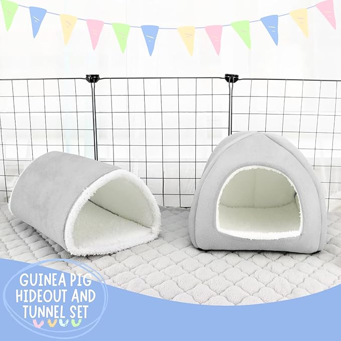 Guinea Pig Hideout and Tunnel Set, Soft Plush Bed & Play Tunnel for Guinea Pigs, Rabbits, Ferrets, Small Animals - Washable Accessories for Resting, Hiding, Exercising