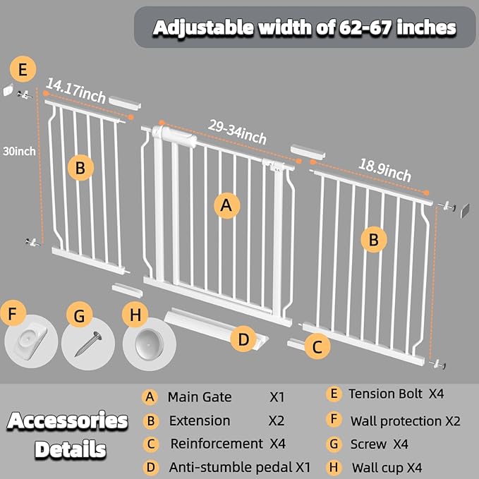 TSAYAWA Walk Through Baby Gate with Door, 62-67 Inch Wide Presure Mounted No Drill Metal Auto Close Child Gate for Stair Doorway - Indoor Outdoor Safty Gate for Toddler Dog Doggie, White