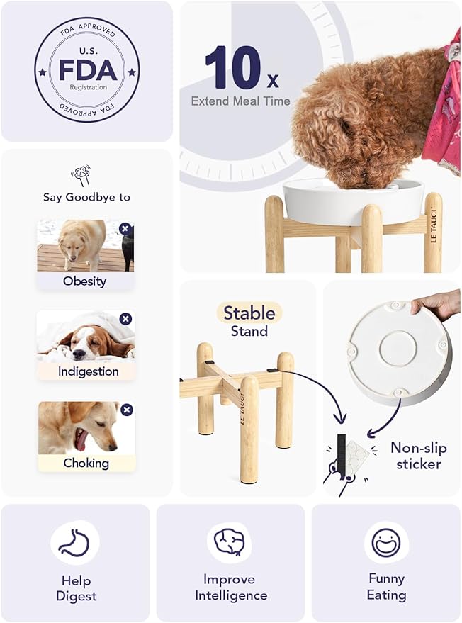 LE TAUCI Ceramic Slow Feeder Dog Bowls Elevated, 3 Cup Raised Bowl with Wooden Stand for Medium Large Breed, Slow Down Eating, Puzzle Dog Food Bowl, Angel White