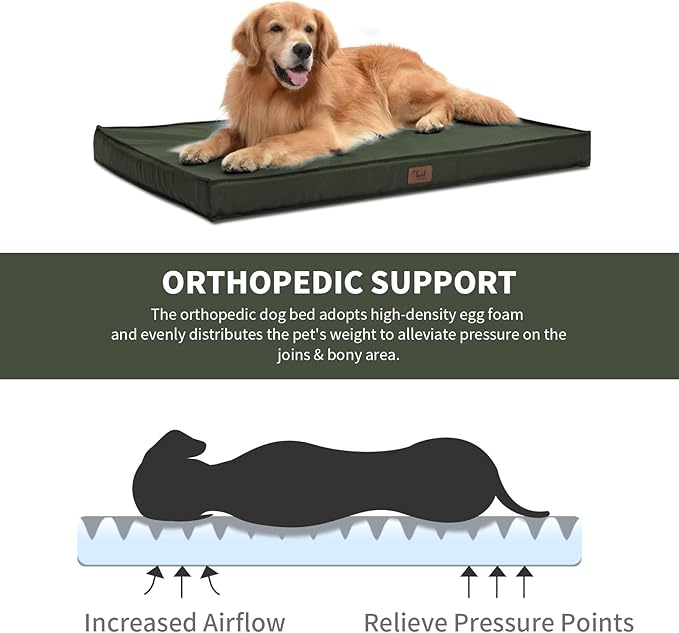 Outdoor Extra Large Dog Bed, Waterproof Dog Bed for Large Dogs, Orthopedic Egg Foam Pet Bed with Washable and Removable Oxford Cooling Cover, Dark Green