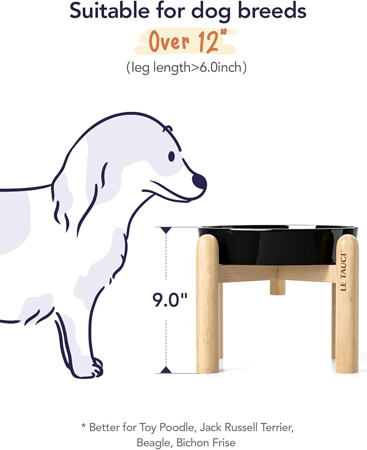 LE TAUCI Ceramic Slow Feeder Dog Bowls Elevated, 3 Cup Raised Bowl with Wooden Stand for Medium Large Breed, Slow Down Eating, Puzzle Dog Food Bowl,Skull Black