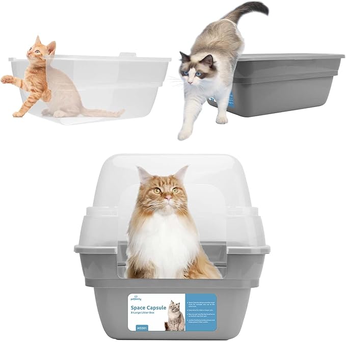 Petfamily Cat Litter Box, Large Foldable Jumbo Hooded with Transparent Lid,Grey