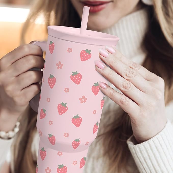 SANDJEST Strawberry Tumbler with Handle 40oz – Insulated Stainless Steel Travel Coffee Mug Cup for Girls Women, Gift for Christmas, Birthday