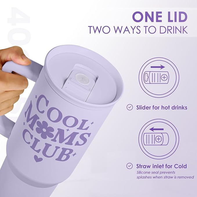 SANDJEST Gift for Mom - Cool Mom Club Stainless Steel Tumbler with Handle, Travel Coffee Mug for Moms - Gifts for Birthday Christmas Mothers Day, 40oz