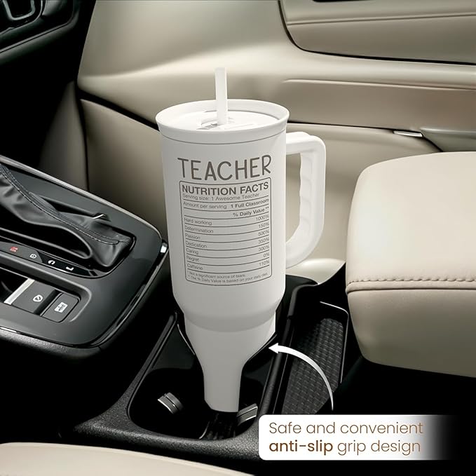 SANDJEST Teacher Appreciation Gift – 40oz Stainless Steel Insulated Tumbler with Handle and Straw - Teacher Nutrition Facts Travel Coffee Mug Cup for Women Back to School Birthday Christmas