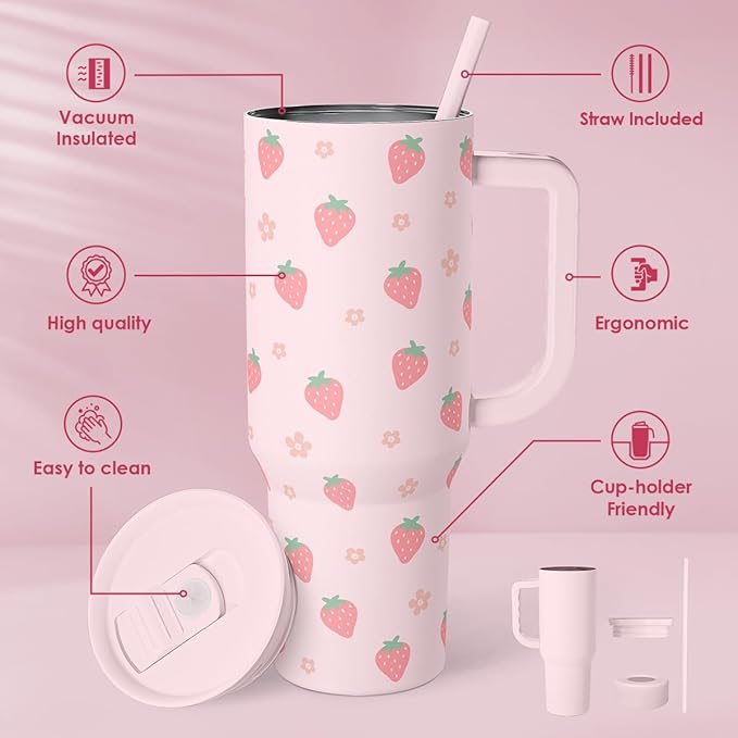 SANDJEST Strawberry Tumbler with Handle 40oz – Insulated Stainless Steel Travel Coffee Mug Cup for Girls Women, Gift for Christmas, Birthday