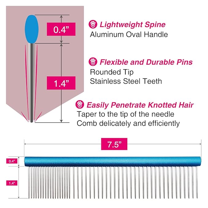 Greyhound Comb with Oval Handle for Dogs and Cats, Removing and Shedding Matted, Tangled Hair, Metal Comb with Stainless Steel Pins, Detangling Grooming Tool, Pet Comb (20% Fine Spacing)…
