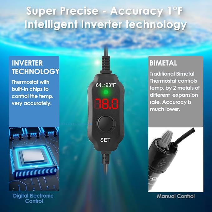 Super Compact 100W Fish Tank Heater, Submersible Aquarium Heater with LED Digital Display Thermostat, Adjustable Fish Heater for 10-20 Gallon Tanks