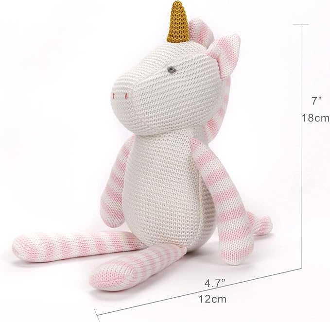 100% Organic Cotton Baby Stuffed Animal, Pink Unicorn Plush for Newborn 7.1"