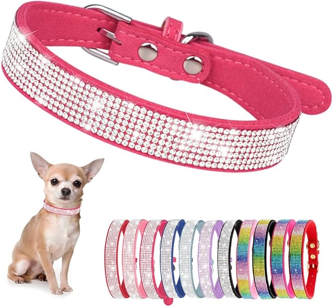 Rhinestone Dog Collar for Small Dogs, Bling Diamond Fancy Crystal Glitter Pretty Jewel Pet Puppy Collars for XXS XS Small Medium Large Breed Girl Dogs Female Cats Kitten, Hot Pink M