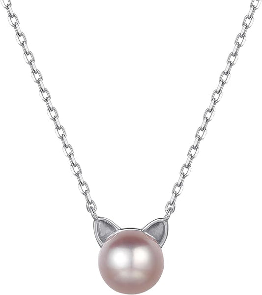 S.Leaf Cat Pearl Necklaces For Women Sterling Silver Cat Lovers Lady Gifts Pearl Opal Jewelry Pendant Collarbone Charm Necklace Best Friend Birthday Gifts for Women Trendy Sister Mom Wife Womens Her Friend Party