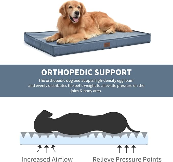 Outdoor Large Dog Bed, Waterproof Dog Bed for Large Dogs, Egg Crate Foam Pet Bed with Removable Washable Oxford Cooling Cover, Blue