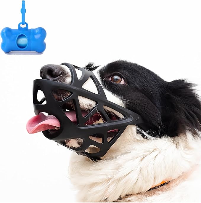 Dog Muzzle, Breathable Basket and Soft Cage Black Dog Mouth Cover,Anti-Biting, Barking and Chewing for Small Medium Large Dogs, 1 Pack Poop Bags for Dogs (Medium)