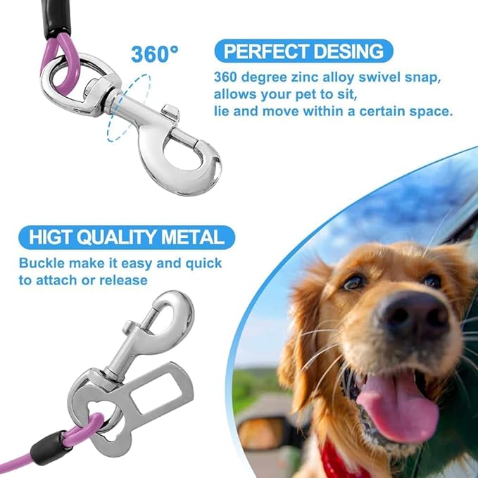 Dog Seat Belt Harness for Car,Dog Seatbelt of Coated Wire Leash Safety Restraint,No Chew Tether Cable Vehicle,Double Clips & Latch(Purple, 16 inch/40 CM)