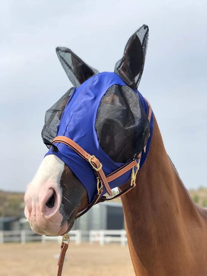 Horse Fly Mask Super Comfort Horse Fly Mask Elasticity Fly Mask with Ears We Only Make Products That Horses Like… (DK Blue, M)