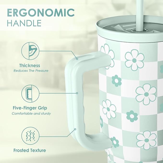 SANDJEST 40oz Daisy Flower Tumbler with Handle and Straw - Insulated Stainless Steel Coffee Travel Mug for Women Girls, Floral Gift Idea for Birthday Christmas