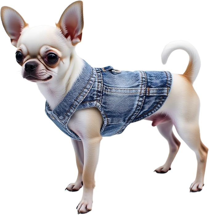 Puppy Clothes for Small Dogs Boy,Classic Western Denim Dog Coat,Dog Jeans Jacket with Leash D-Ring,Pet Cat Costumes,Cooling Harness Vest for Walking (Blue, Small)