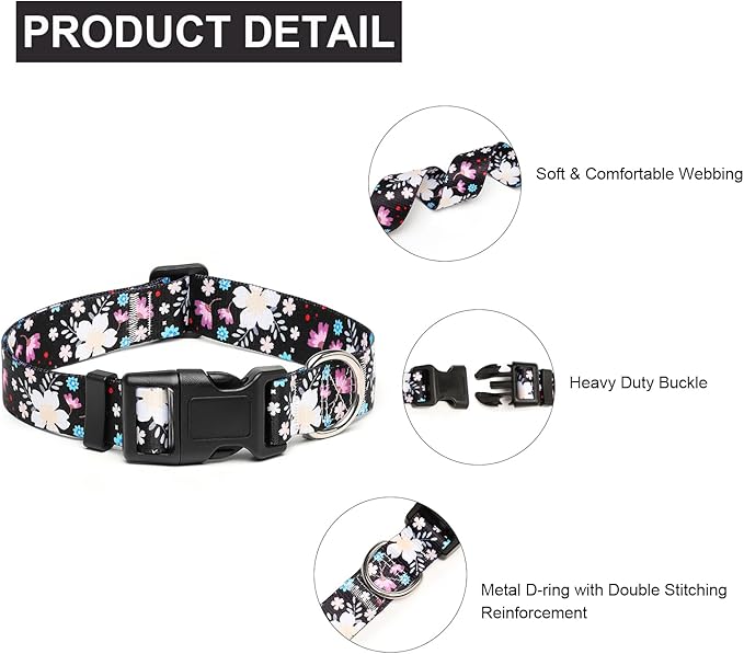 Mercano Adjustable Dog Collar - Special Design Patterns, Soft Nylon Comfortable Sturdy Pet Collar for Small Medium Large Dogs (M, Floral White)