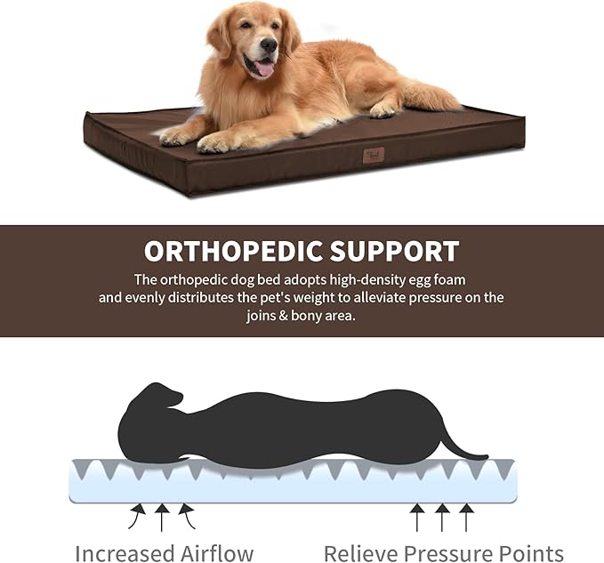 Outdoor Extra Large Dog Bed, Jumbo Waterproof Dog Bed for Large Dogs, Orthopedic Egg Foam Pet Bed Mat with Removable Oxford Cooling Cover, Brown