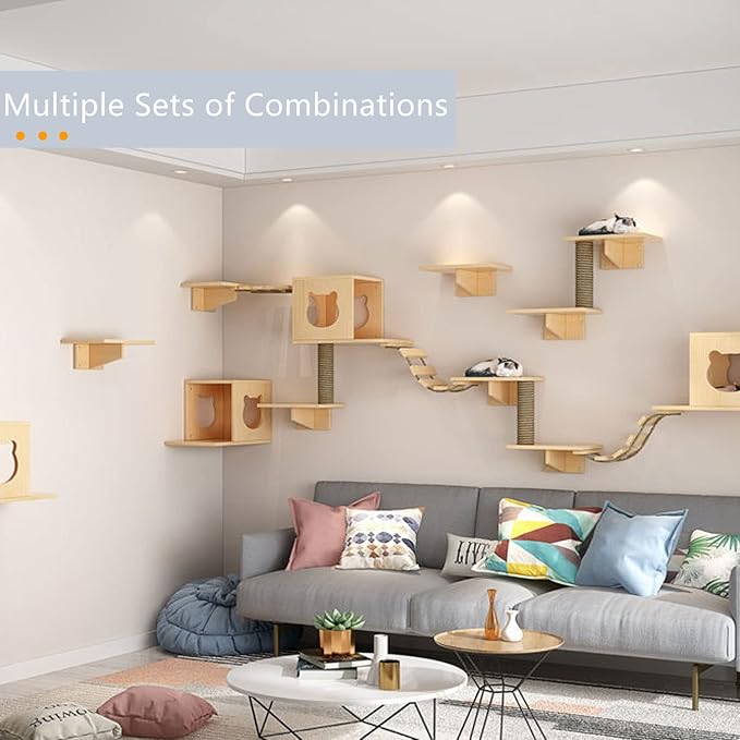 Cat Wall Shelves and Furniture Set with Condos, Perches, Bridge Ladders, Sisal Scratching Posts - Steps and Houses for Cats (A)
