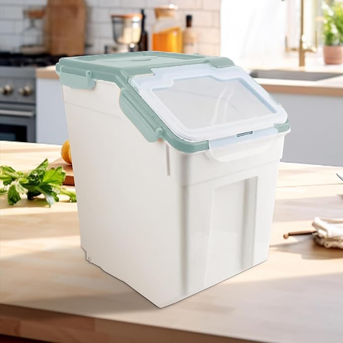 RUIAN 2Pcs Large Flour Storage Container Bin 50Lb Airtight Rice Storage Containers with Wheels Seal Locking Lid, BPA Free with Measuring Cup&Scoop for Flour, Rice, Grain 100LBS Total (Green)