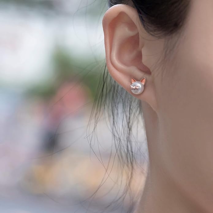 S.Leaf Cat Earrings Pearl Earrings Sterling Silver Earrings for Women Cat Memorial Gifts Cat Gifts for Cat Lovers Cat Jewelry for Women
