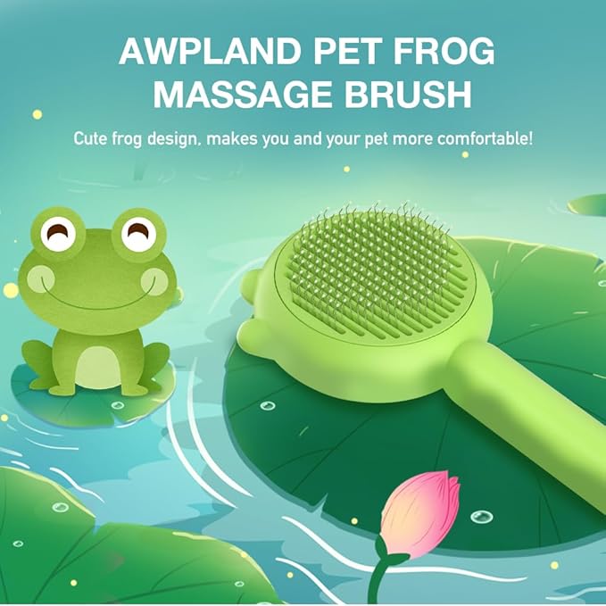 Self-Cleaning Dog & Cat Slicker Brush, Skin Friendly Deshedding Grooming Tool for Long or Short Haired Dogs Cats Rabbits, Dog Shedding Brush with Release Button - Frog