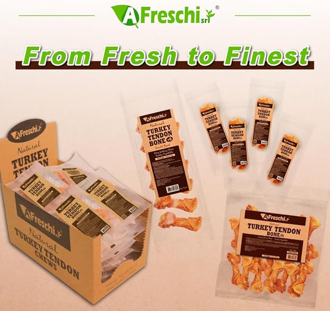 Afreschi Natural Turkey Tendon Bone (S) Pack of 4, Dog Treats for Signature Series, All Natural Human Grade Puppy Chew, USA-Sourced Turkey Tendon, Hypoallergenic, Rawhide Alternative