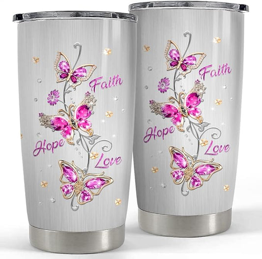 SANDJEST Butterfly Tumbler Jewelry Style 20oz Tumblers with Lid Gift for Women Girl Daughter Sister Mom Christmas Birthday Religious Gifts Birthday Presents