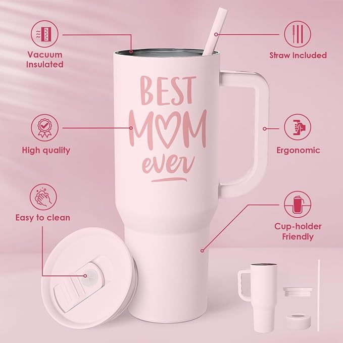 SANDJEST Gift for Mom - Best Mom Stainless Steel Tumbler with Handle, Travel Coffee Mug for Moms - Gifts for Birthday Christmas Mothers Day, 40oz