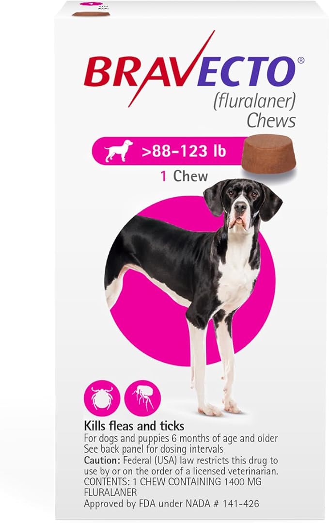 BRAVECTO Chew for Dogs, Flea & Tick, 1 Chew, 12 Week Supply, 88-123 lbs., Pink Box