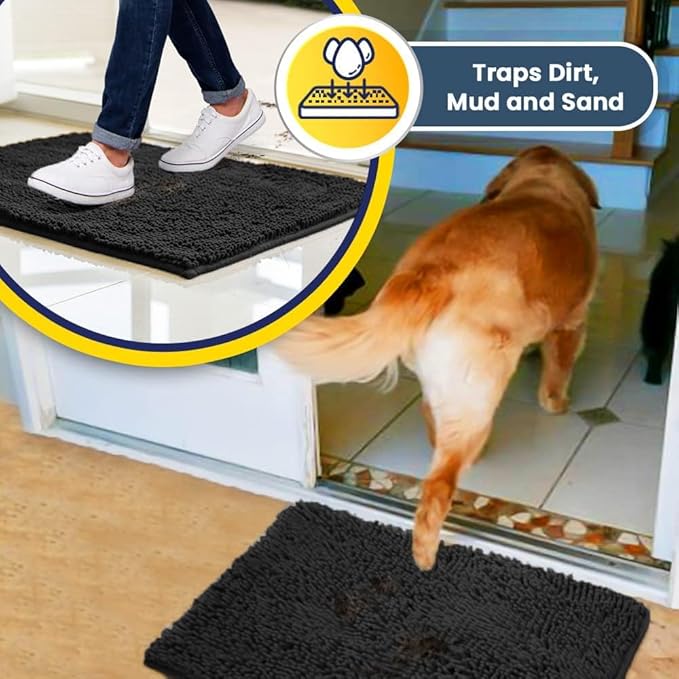 Muddy Mat® AS-SEEN-ON-TV Highly Absorbent Microfiber Door Mat and Pet Rug, Non Slip Thick Washable Area and Bath Mat Soft Chenille for Kitchen Bathroom Bedroom Indoor and Outdoor - Charcoal 36" x 120"