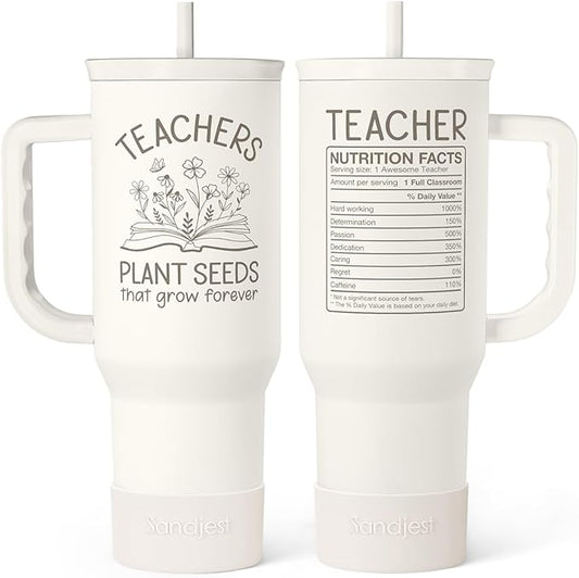SANDJEST Teacher Appreciation Gift – 40oz Stainless Steel Insulated Tumbler with Handle and Straw - Teacher Nutrition Facts Travel Coffee Mug Cup for Women Back to School Birthday Christmas