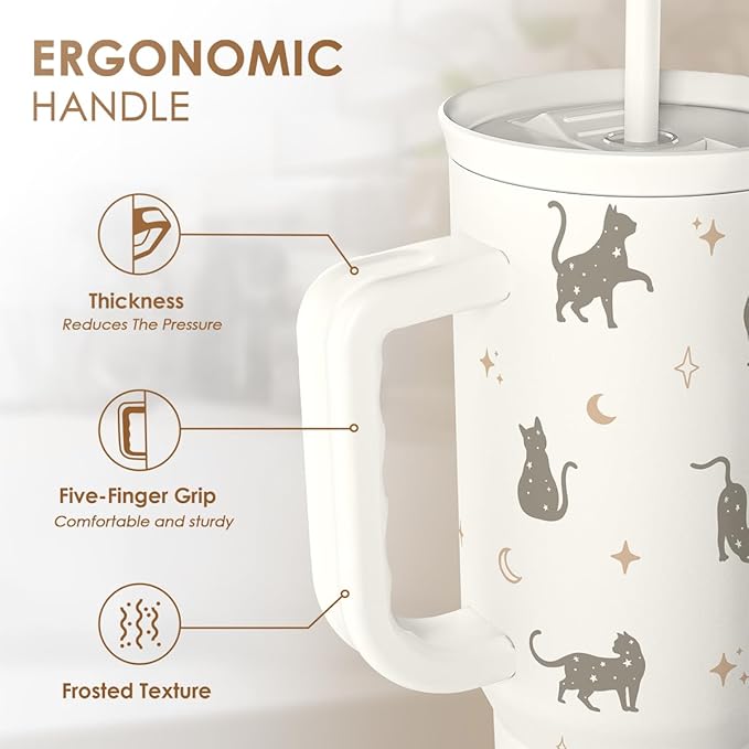 SANDJEST Gift for Cat Lovers Cat Mom – 40oz Stainless Steel Tumbler with Handle and Straw - Travel Coffee Mug for Women, Gift for Birthday, Christmas