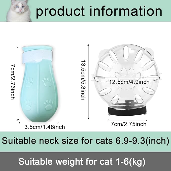 SAVITA Cat Breathable Bubble Helmet with Silicone Paw Covers, Light Green Cat Adjustable Hood Plastic Kitten Breathable Anti Bite Muzzles for Cats Grooming Bathing Shaving Nail Trimming