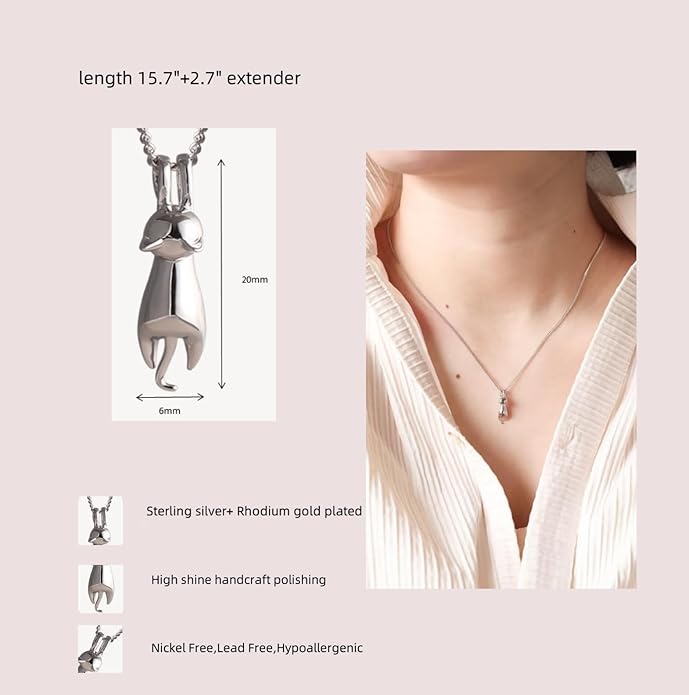 S.Leaf Sterling Silver Cat Necklace - Kitten Jewelry for Cat Lovers - Themed Gifts for Women