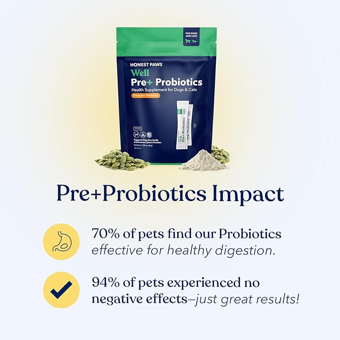 Honest Paws Probiotics for Dogs - Dog Digestion Gut Health Probiotic Powder with Prebiotic Made in The USA, Digestive and Immune Support - Digestive Enzymes with Pumpkin Flavor (30 Sticks)