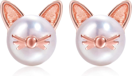 S.Leaf Cat Earrings Pearl Earrings Sterling Silver Earrings for Women Cat Memorial Gifts Cat Gifts for Cat Lovers Cat Jewelry for Women