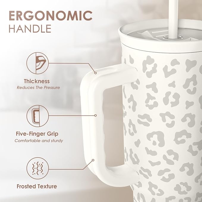 SANDJEST Leopard Tumbler with Handle, Insulated Cup Stainless Steel Travel Mug Cup, Gifts for Women Girl on Birthday Christmas, Cream Leopard, 40oz