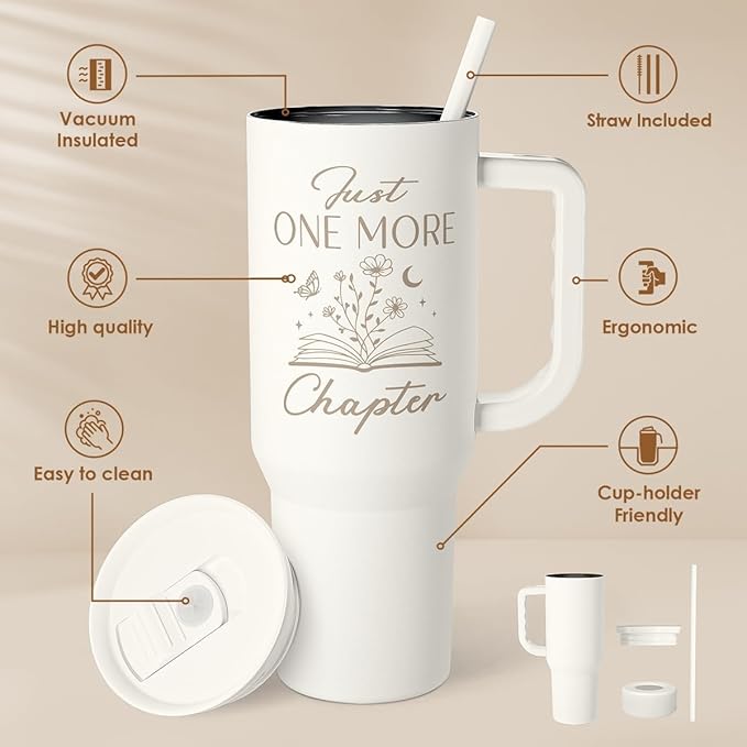 SANDJEST Book Lover Gifts for Women, Just One More Chapter Tumbler with Handle, Stainless Steel Insulated Coffee Travel Mug Cup, Gifts for Women Girls Bookworm on Christmas Birthday, 40oz