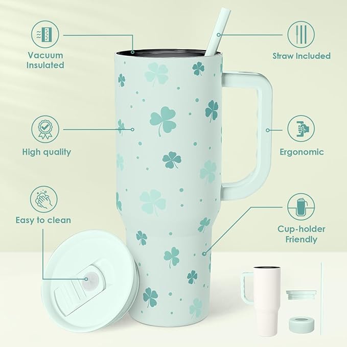SANDJEST 40oz Shamrock Tumbler with Handle and Straw - Insulated Stainless Steel Coffee Travel Mug, Christmas St. Patrick's Day Irish Gifts