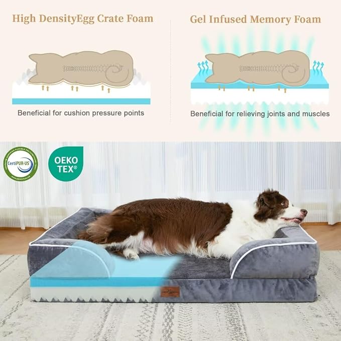 Comfort Expression Dog Beds Memory Foam, XXL Orthopedic Waterproof Dogs Beds, Giant Washable Dog Beds with Bolster & Removable Cover(XX-Large,Leaden Grey)