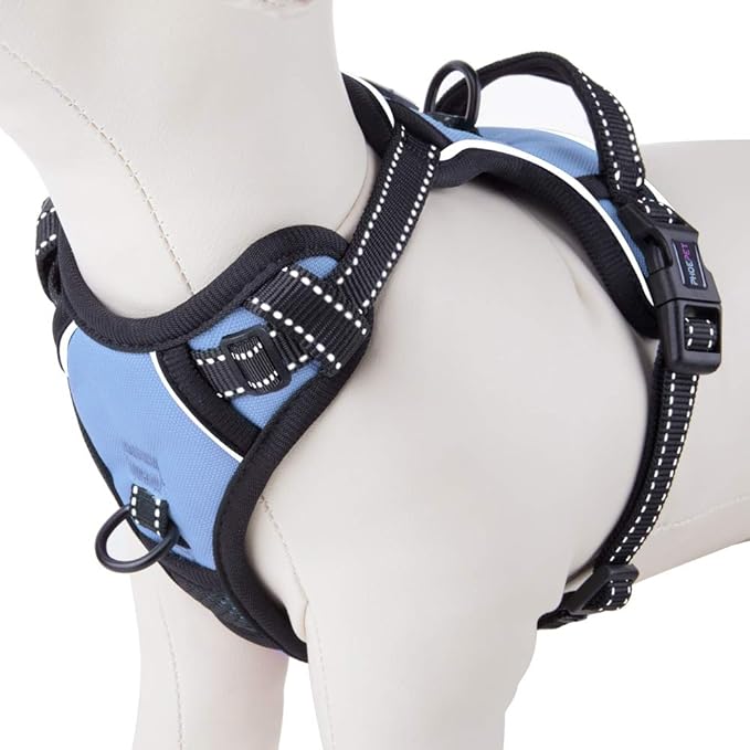 PHOEPET No Pull Dog Harness Reflective Adjustable with 2 Metal Leash Hooks and Soft Training Handle [Over The Head Design](XL, Baby Blue)