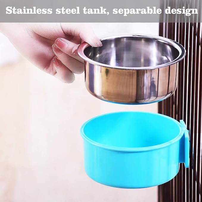 HERCOCCI Dog Crate Bowl, Removable Stainless Steel Pet Kennel Cage Hanging Food Bowls and Water Feeder Coop Cup Prevent Overflow for Puppy, Medium Dog, Cat, Rabbit, Ferret (3PCS)